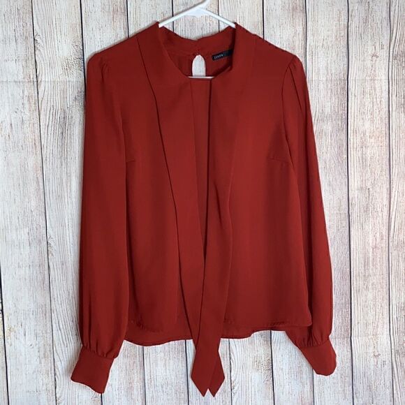 Jieru Top Womens size Small Chiffon long sleeve front Tie Blouse Maroon Preppy - Picture 4 of 10